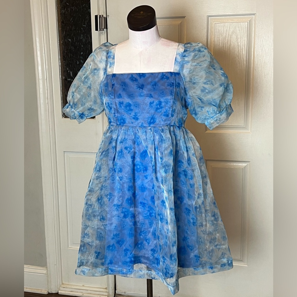 Stunning Sheer lined sky blue babydoll dress with puff sleeves size Large. TCEC